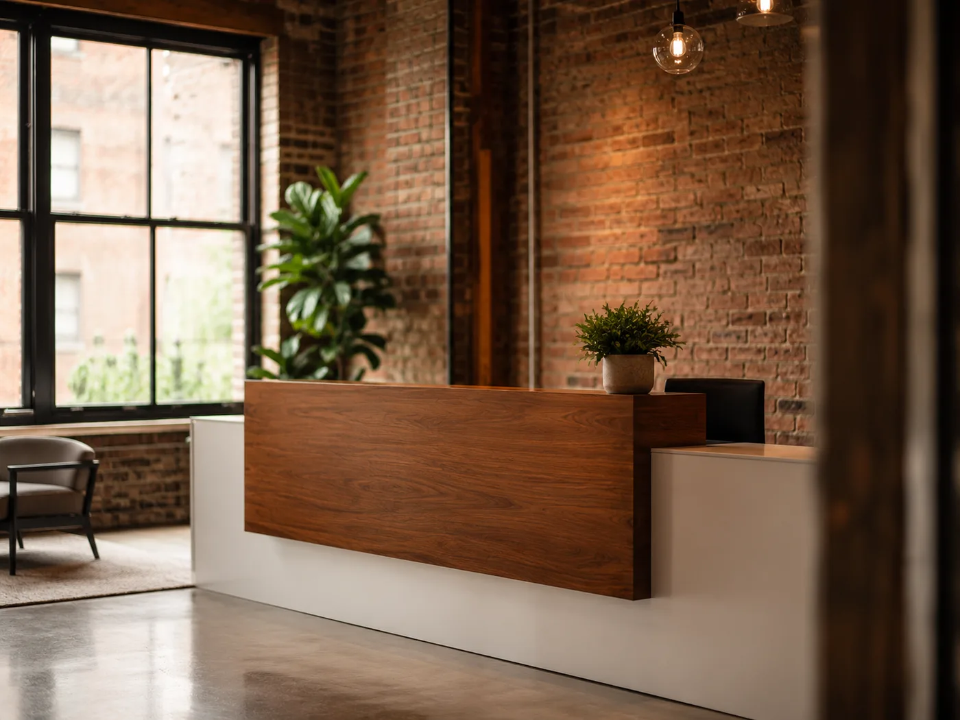 HCC's Brooklyn office reception — exposed-brick wall with the HCC seal