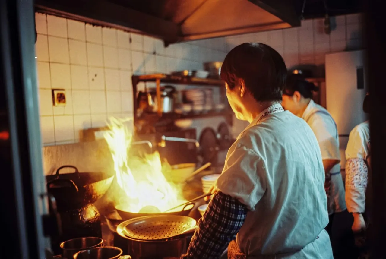 A chef cooking over a flame in a restaurant kitchen
